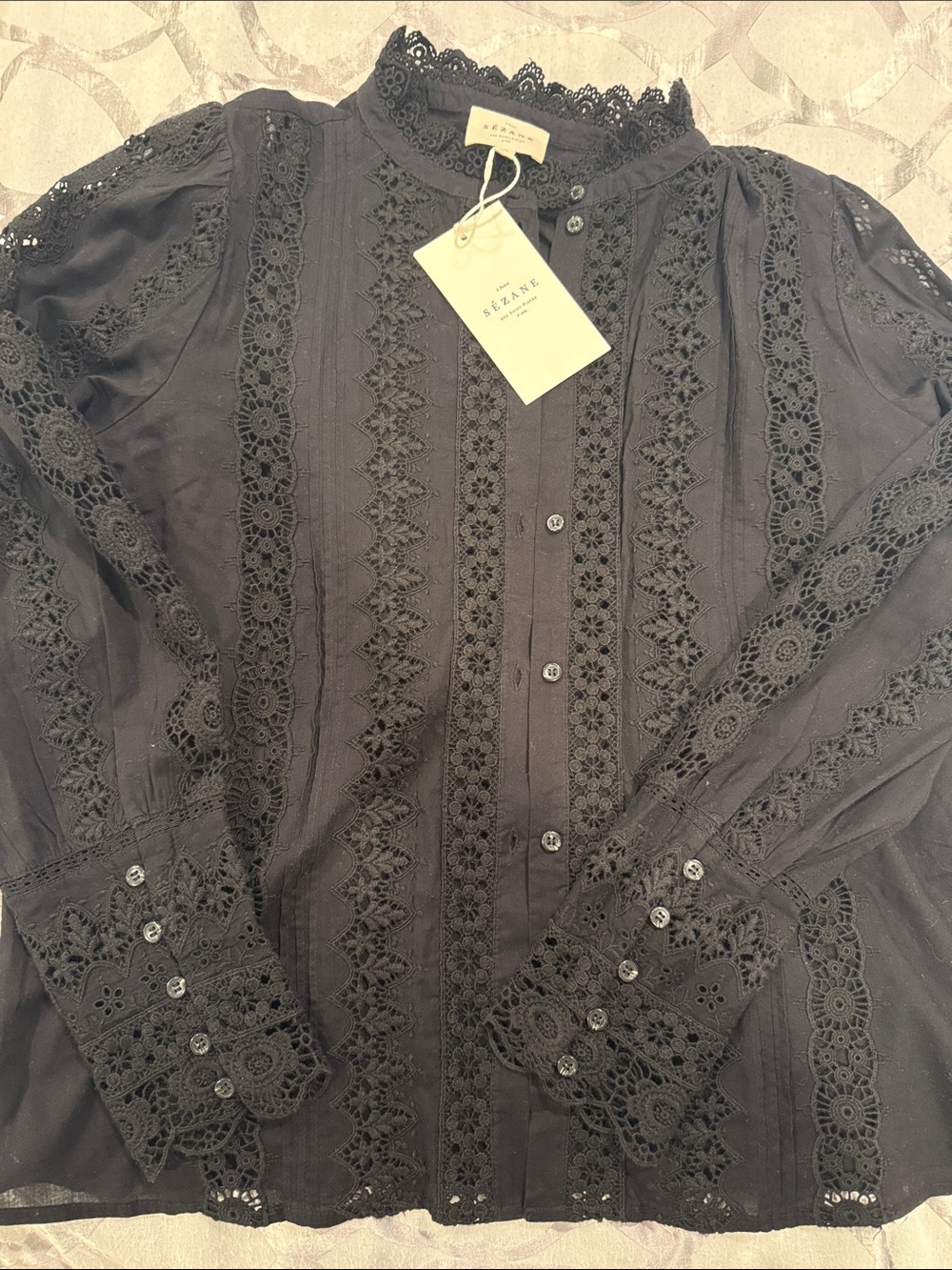 Sezane Rym Black Lace-Trim Button Down Shirt - Picture 2 of 2